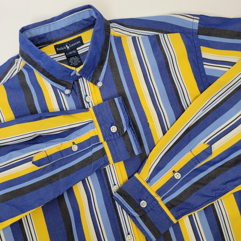 Ralph Lauren Mens Blue/Yellow Stripe Cotton Long Sleeve Dress Shirt L (16/18)